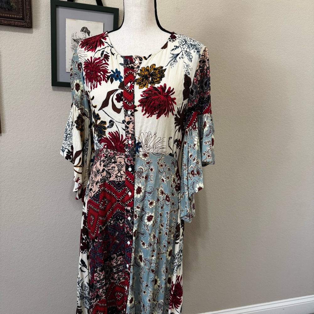 UMGEE | Floral Patchwork Button Front Handkerchief Midi Dress Boho Size Small - Picture 3 of 16